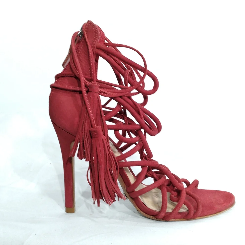 SCHUTZ Valquis Red Nubuck Leather Laced Caged Stiletto Heeled Sandals w/… - Picture 3 of 11